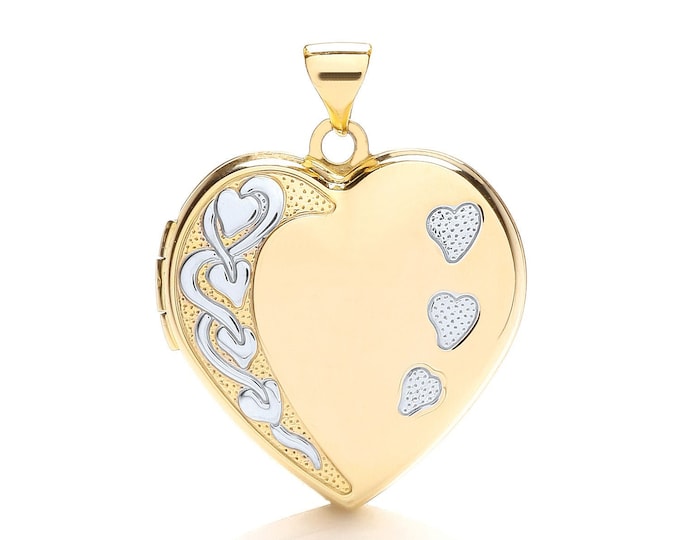 9ct 2 Colour Gold 2cm Heart Shaped 4 Photo Family Locket With Engraved Hearts Hallmarked - Real 9K Gold