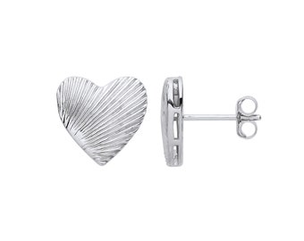 925 Sterling Silver 12mm Ribbed Sunburst Heart Shaped Stud Earrings