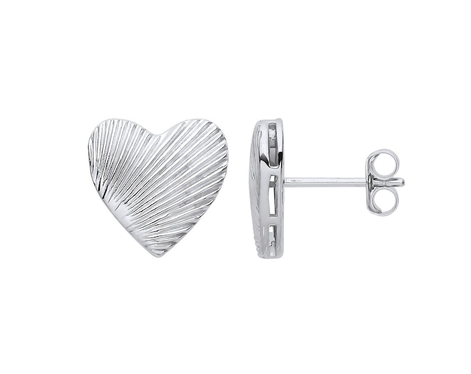 925 Sterling Silver 12mm Ribbed Sunburst Heart Shaped Stud Earrings