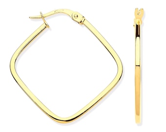 9ct Yellow Gold 2cm Square Tube Shaped Hoop Earrings - Real 9K Gold