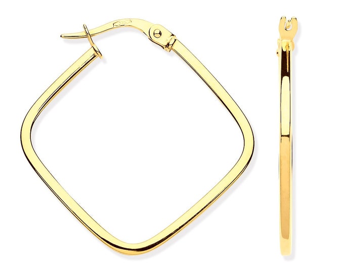 9ct Yellow Gold 2cm Square Tube Shaped Hoop Earrings - Real 9K Gold