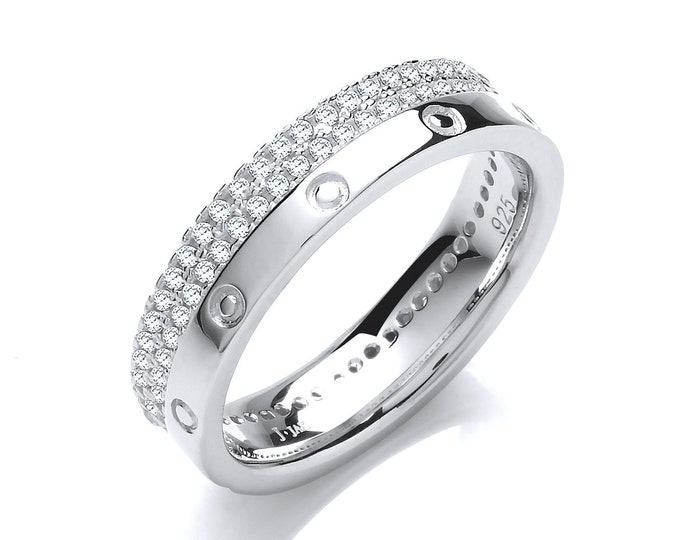 925 Sterling Silver 2 Row Cz Pave Edge Full Eternity 5mm Band Ring