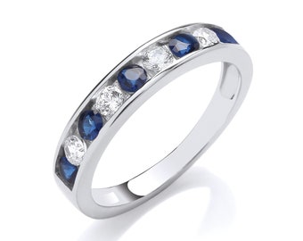 925 Sterling Silver 3mm Half Eternity Sapphire Blue Cz Channel Set Eternity Ring Rhodium Plated