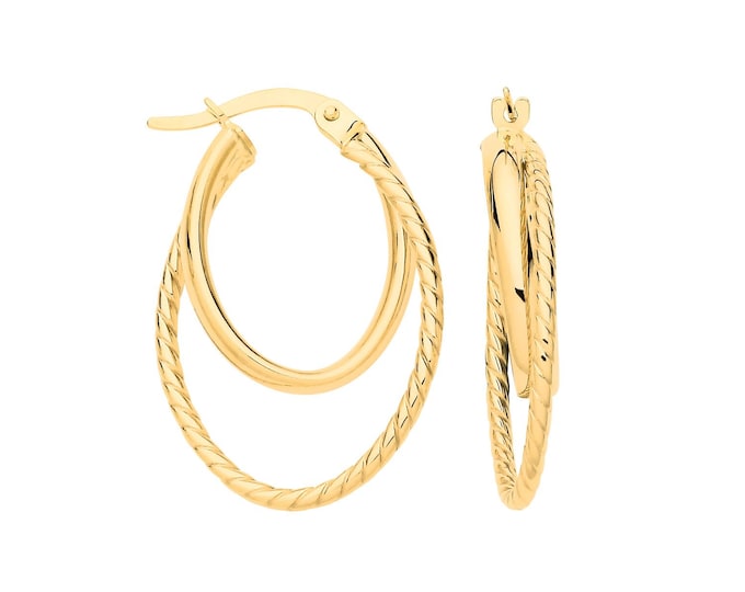 9ct Yellow Gold Plain & Ribbed 28x18mm Twisted Oval Hoop Earrings - Real 9K Gold