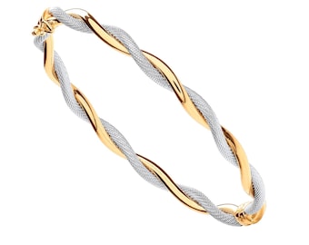 9ct Yellow & White Gold Plain and Ribbed 5mm Oval Twisted Hinged Bangle Hallmarked - Real 9K Gold