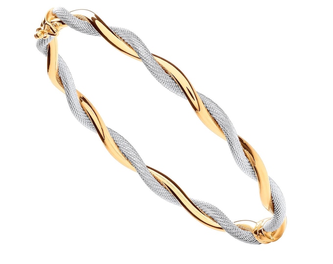 9ct Yellow & White Gold Plain and Ribbed 5mm Oval Twisted Hinged Bangle Hallmarked - Real 9K Gold