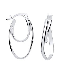 May include: A pair of silver hoop earrings. One earring has a double hoop design, the other a twisted, teardrop shape. The earrings are set against a white background.
