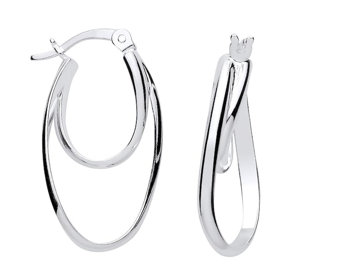 Contemporary 925 Sterling Silver Double Oval Twisted 24x14mm Hoop Earrings