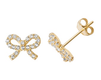 9ct Yellow Gold Pretty Ribbon Pave Set Cz Bow Stud Earrings 8x6mm - Real 9K Gold