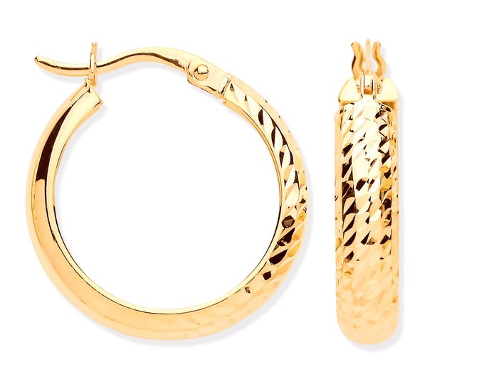 9ct Yellow Gold Half Diamond Cut D-Shape Hoop Earrings 15mm 20mm 25mm - Real 9K Gold