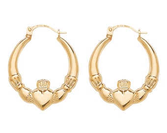 9ct Yellow Gold 15mm Hollow Irish Claddagh Heart Creole Hoop Earrings - Real 9K Gold