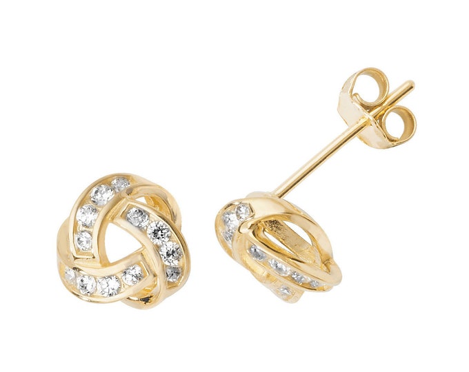 9ct Yellow Gold 6mm Cz Channel Set Twisted Knot Stud Earrings - Real 9K Gold