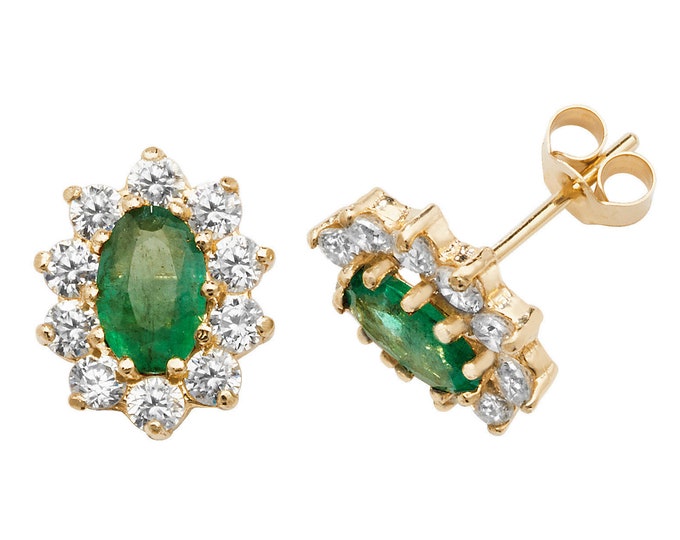 Real Oval Emerald & Brilliant Cz Cluster Stud Earrings Crafted in 9ct Yellow Gold - Real 9K Gold