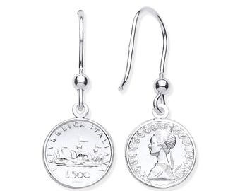 925 Sterling Silver 12mm Diameter Italian Lira Coin Hook Drop Earrings