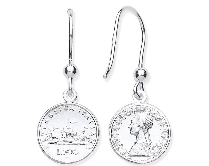 925 Sterling Silver 12mm Diameter Italian Lira Coin Hook Drop Earrings