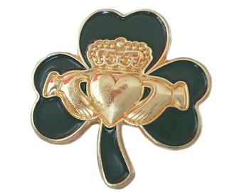 Irish Claddagh Gold Crowned Heart 2.5cm Lucky Shamrock Lapel Pin Badge St Patricks Day