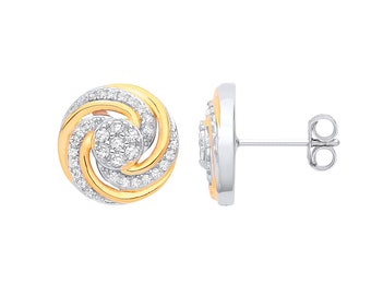925 Sterling Silver & Yellow Gold Plated 13mm Pave Cz Swirl Stud Earrings