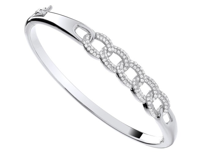 Ladies 925 Sterling Silver Pave Cz Curb Link Design Hinged Bangle