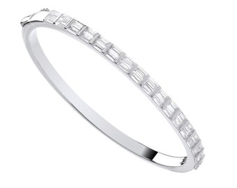 Ladies 925 Sterling Silver 4.2mm Wide Hinged Bangle With Baguette Cut Cz Stones