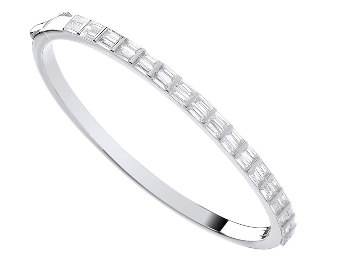 Ladies 925 Sterling Silver 4.2mm Wide Hinged Bangle With Baguette Cut Cz Stones