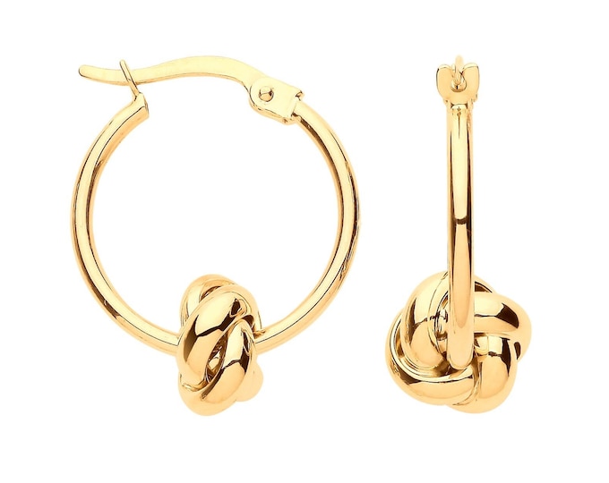 9ct Yellow Gold 18mm Hoop Earrings With Knot Charm - Real 9K Gold