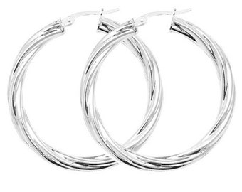 Chunky 925 Sterling Silver 4mm Hollow Tube Twisted Hoop Earrings - choice of sizes