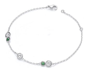 925 Sterling Silver Bezel Set Green & Clear Cz Ladies 7" Bracelet