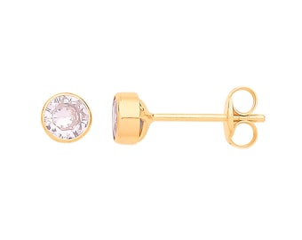 Pair of 9ct Yellow Gold 4mm Bezel Set Clear Cz Stud Earrings - Real 9K Gold