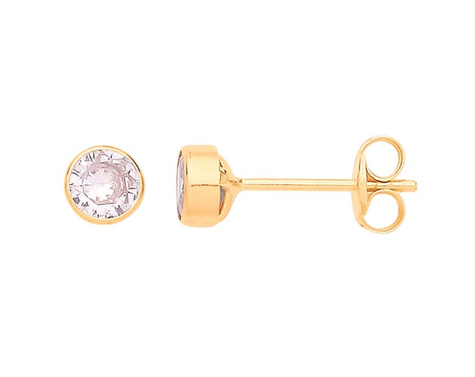 Pair of 9ct Yellow Gold 4mm Bezel Set Clear Cz Stud Earrings - Real 9K Gold