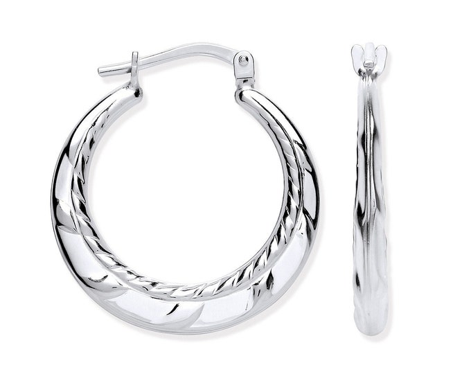925 Sterling Silver 20mm Ribbed Edge Creole Hoop Earrings