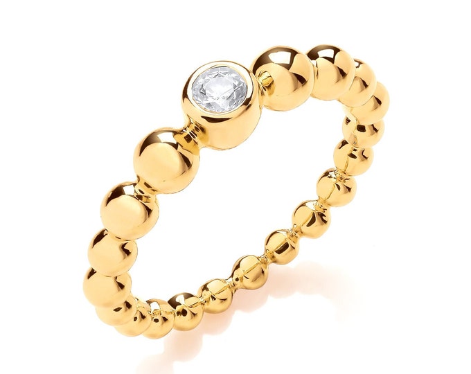 Ladies 14ct Gold Plated Sterling Silver 2.5mm Bobble Bead Ribbed Ring With Bezel Cz Stone