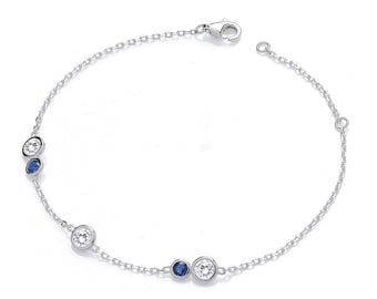 925 Sterling Silver Bezel Set Blue & Clear Cz Ladies 7" Bracelet