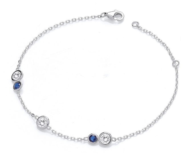 925 Sterling Silver Bezel Set Blue & Clear Cz Ladies 7" Bracelet