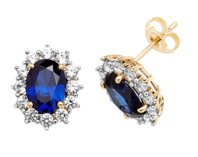 Fine Earrings UK Jewellers 9ct Yellow Gold Real Sapphire & CZ Oval