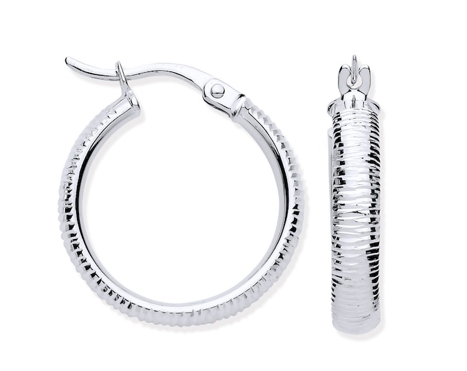 9ct White Gold D- Shaped 15mm Diameter Ribbed Hoop Earrings - Real 9K Gold