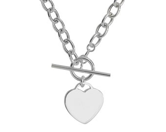 925 Sterling Silver 14mm Heart Tag Charm T-Bar 17" Albert Chain Necklace Hallmarked