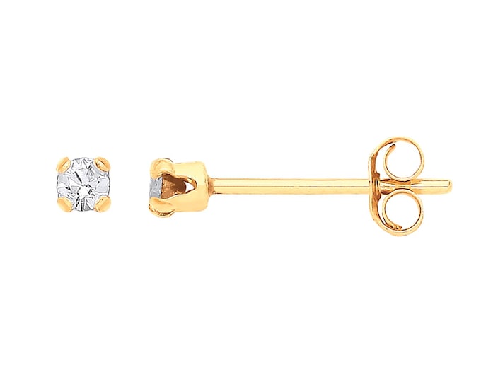 Pair of 9ct Yellow Gold 2mm Claw Set Clear Crystal Stud Earrings - Real 9K Gold