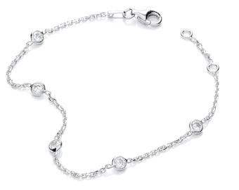 925 Sterling Silver Rubover Bezel Set  Cz Ladies 7" Chain Bracelet Gold-Silver