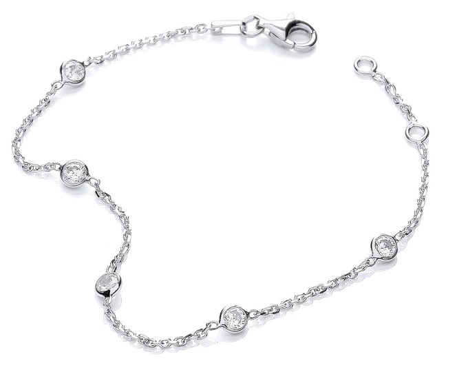 925 Sterling Silver Rubover Bezel Set  Cz Ladies 7" Chain Bracelet Gold-Silver