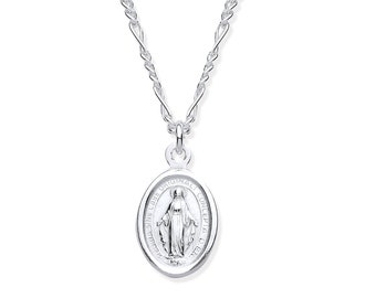 925 Sterling Silver 12x8mm Miraculous Madonna Medallion 17" Necklace