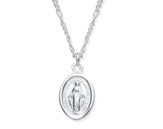 925 Sterling Silver 12x8mm Miraculous Madonna Medallion 17" Necklace