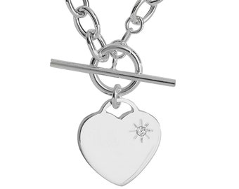 925 Sterling Silver 2cm Heart Tag Cz Charm T-Bar 17" Albert Chain Necklace Hallmarked