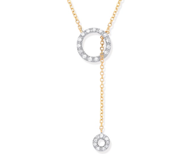 9ct Gold 0.09ct Diamond Tassel Through Circle of Life 16"-18" Necklace Hallmarked - Real 9K Gold