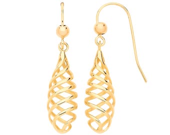 9ct Yellow Gold Twisted 3.1cm Spiral Fish Hook Drop Earrings - Solid 9K Gold
