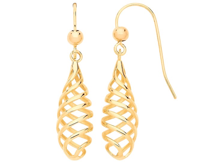 9ct Yellow Gold Twisted 3.1cm Spiral Fish Hook Drop Earrings - Solid 9K Gold
