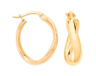 9ct Gold Hollow Twisted Wave Oval Hoop Earrings 21x16mm - Solid 9K Gold