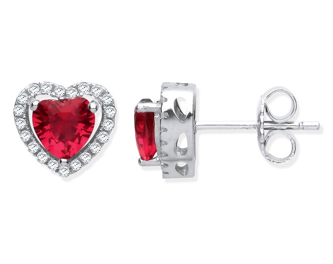 925 Sterling Silver 7mm Ruby Red Cz Halo Heart Stud Earrings