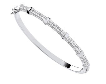 Ladies 925 Sterling Silver Hexagonal Nuts 3.9mm Hinged Bangle Pave Set With Cz Stones