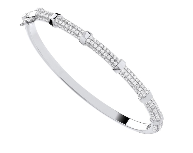 Ladies 925 Sterling Silver Hexagonal Nuts 3.9mm Hinged Bangle Pave Set With Cz Stones