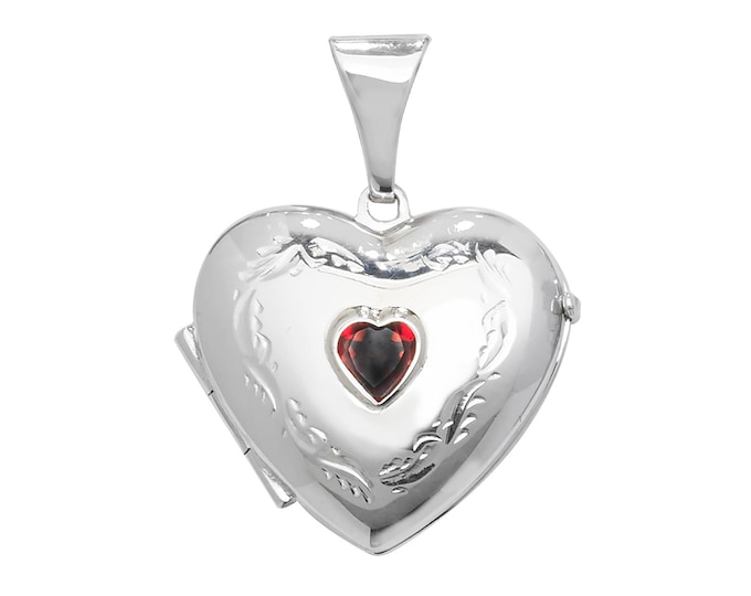 Garnet Gemstone Heart 2 Photo Locket 925 Silver